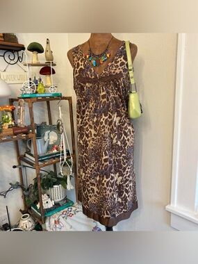 Y2K Mob Wife Vanity Fair Brown Leopard Animal Print Floral Trim Slip Dress